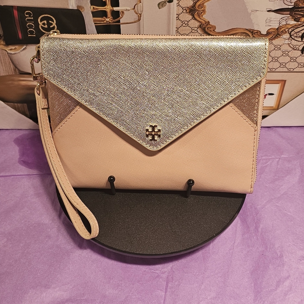 Tory Burch Rose Gold Saffiano Leather Colorblock Metallic Wristlet